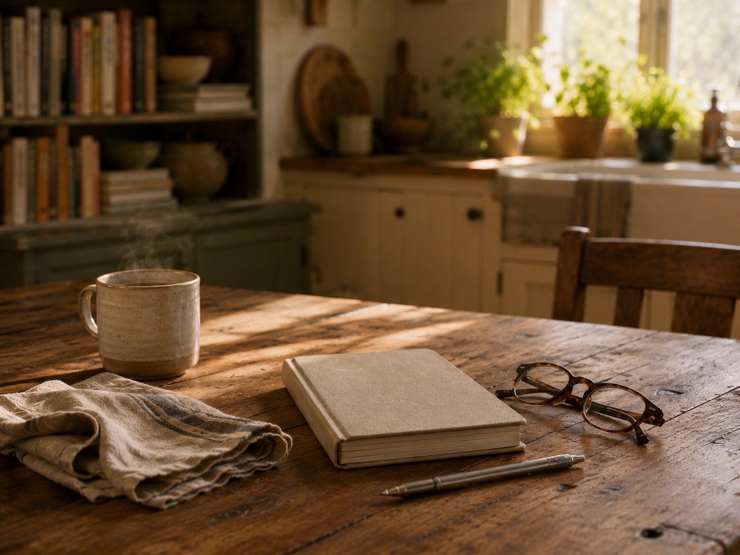 An open kitchen notebook beside a well-used counter