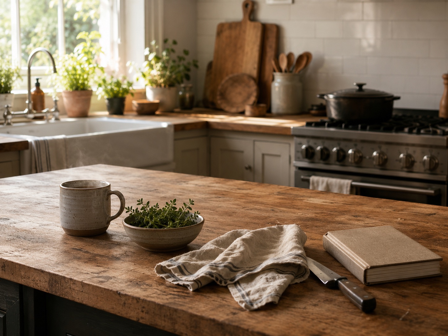 A well-used kitchen counter in quiet morning light