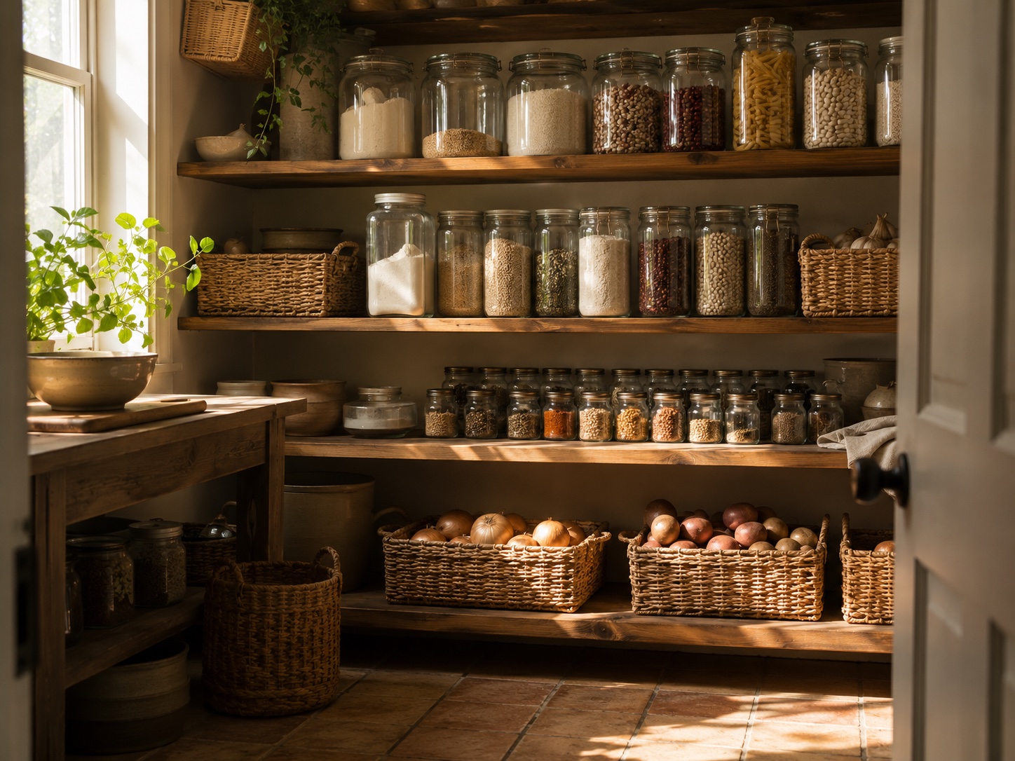 An orderly pantry shelf in warm natural light