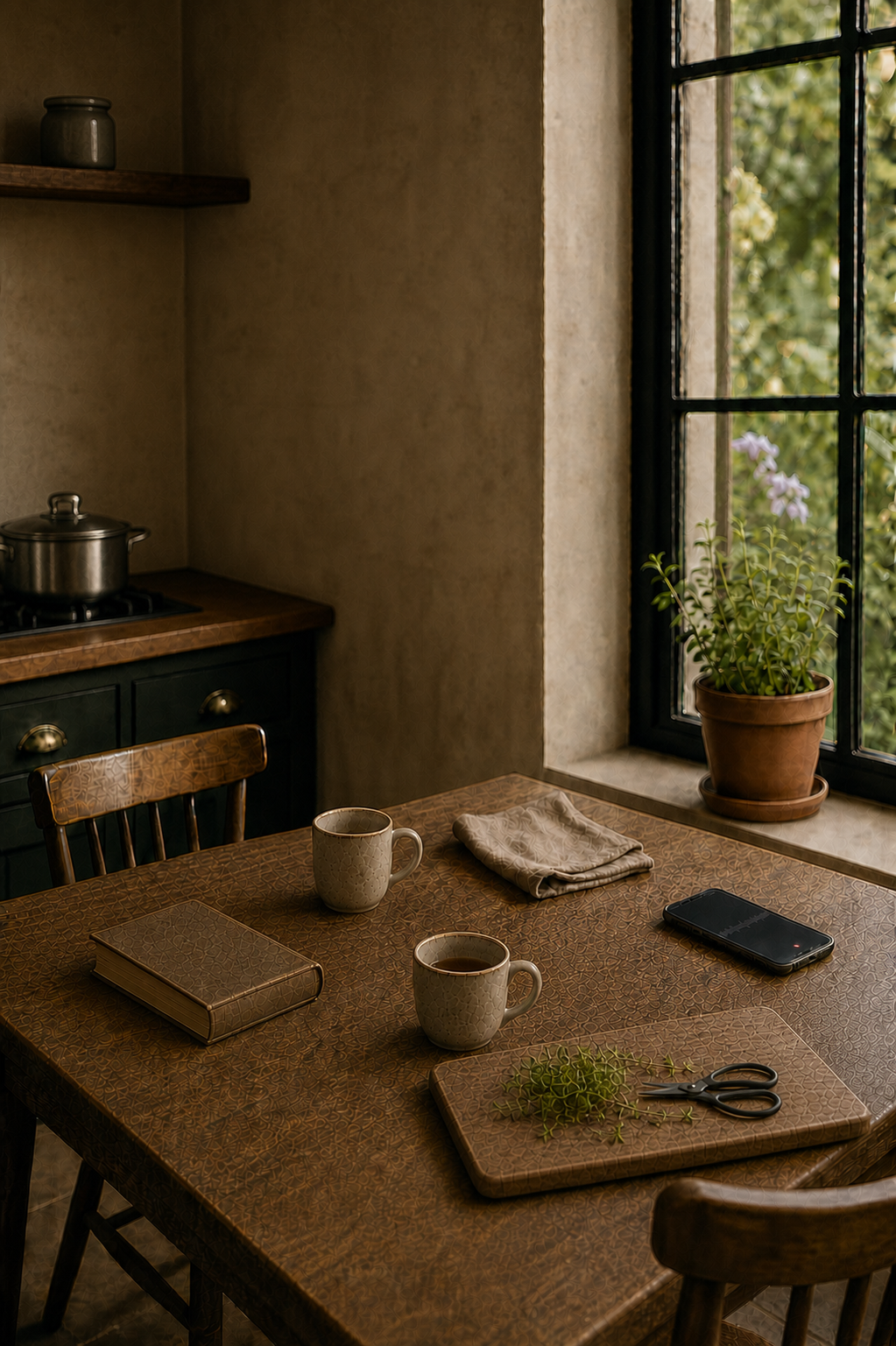 A recently used kitchen table with a worn household book, herbs, tools, and an iPhone recording a story